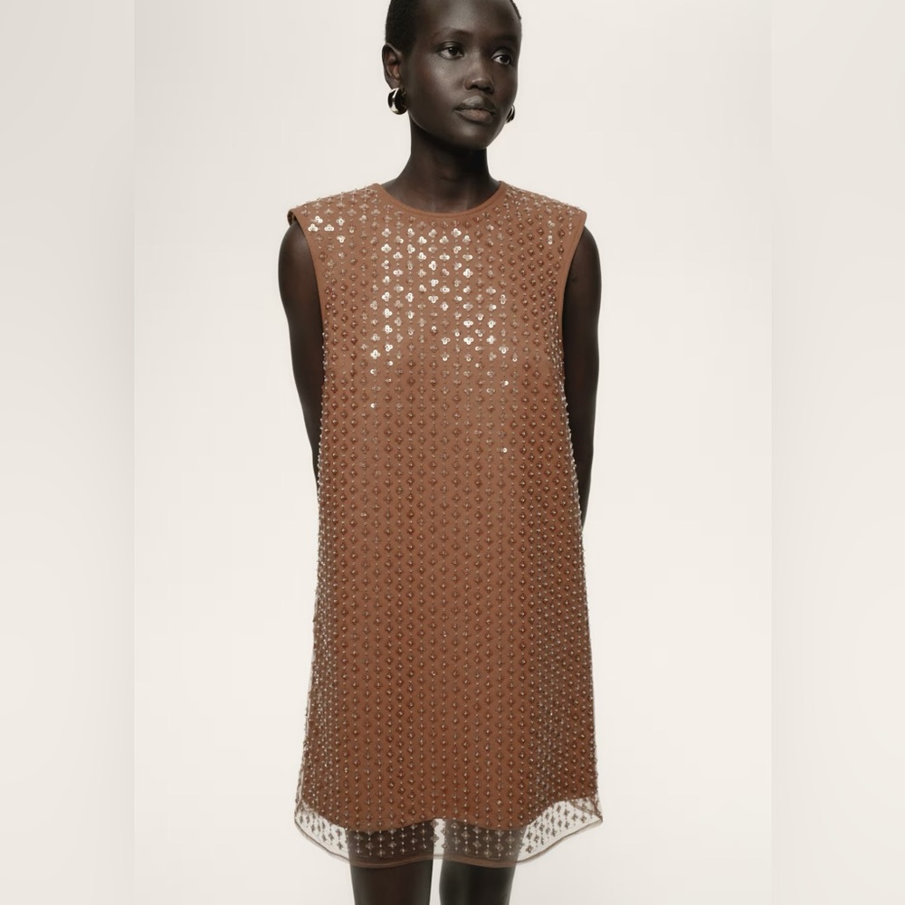 H&M Brown Sleeveless Mini Dress with Metallic Studs